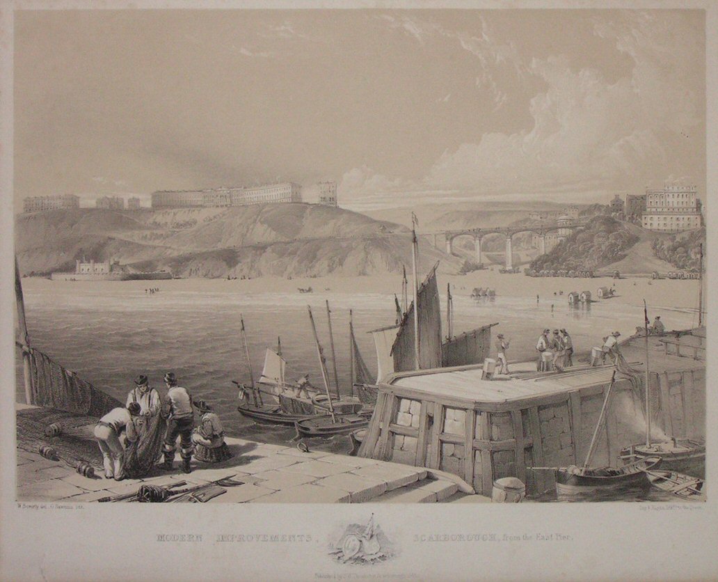 Lithograph - Modern Improvement Scarborough from the East Pier - Hawkins